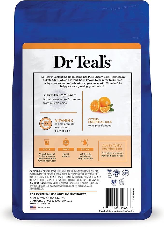 Dr Teal's Salt Soak with Pure Epsom Salt, Glow & Radiance with Vitamin C & Citrus Essential Oils, 3 lbs (Pack of 2)