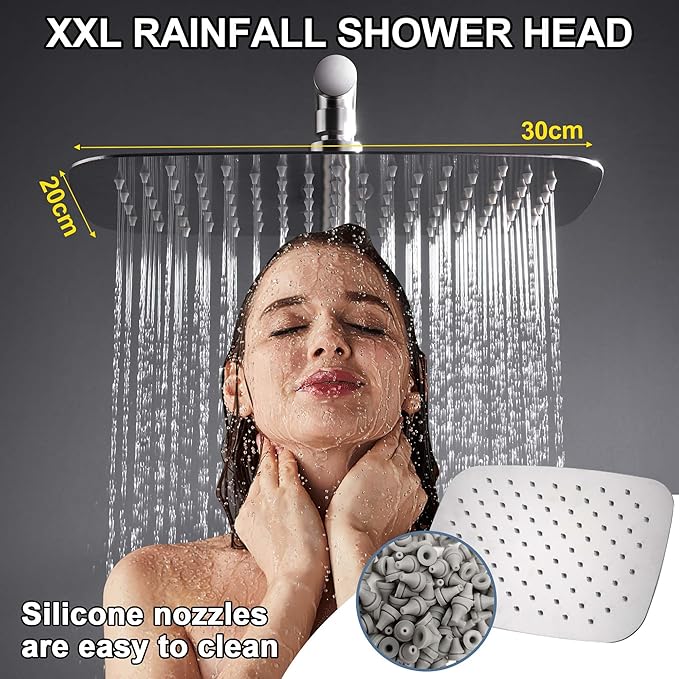 SonTiy Rain Shower Head with Handheld Spray and Shower Shelf, All Metal Shower System Kit with Hand Shower, Height Adjustable Holder and Brass Diverter for Whole Family, 2.5GPM,Brushed Nickel