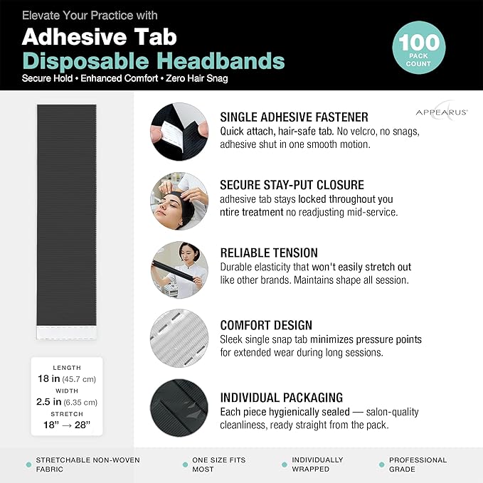 APPEARUS Disposable Stretch Facial Headbands, 100 Count, Snag-Free Adhesive Tab Closure, Spa, Estheticians, Waxing and Lash Extensions, Black