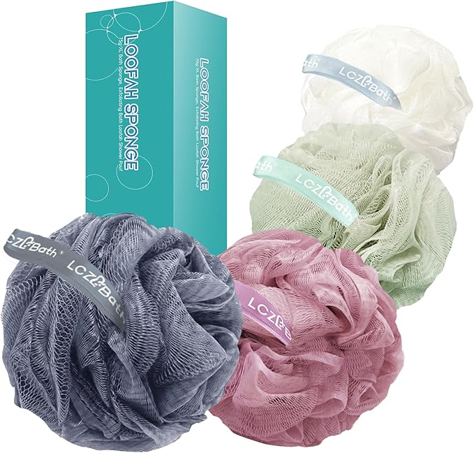 Loofah 4 Pack 75g Extra Large Loofa Set Soft Bath Sponge Thick Body Wash Puffs for Shower (Pink-White-Blue-Green)