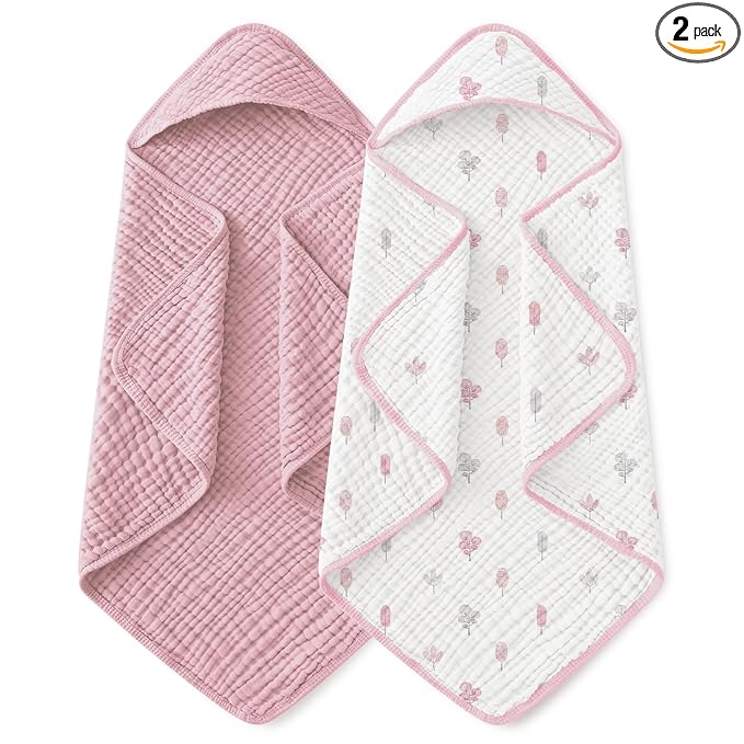 Yoofoss Hooded Baby Towels for Newborn 2 Pack 100% Muslin Organic Cotton Baby Bath Towel with Hood for Babies, Infant, Toddler and Kids,37.5"x37.5", Soft and Absorbent Newborn Essential,Pink&WhiteLeaf