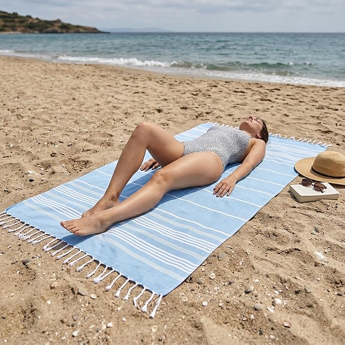 EPHESUS TOWELS Turkish Beach Towel - 38x70 inch Oversized - Sultan Design - Turkish Towel for Beach, Bath, Pool, Gym, Yoga - Prewashed, Lightweight, Quick Dry (Baby Blue – Sky Inspired, Sultan)