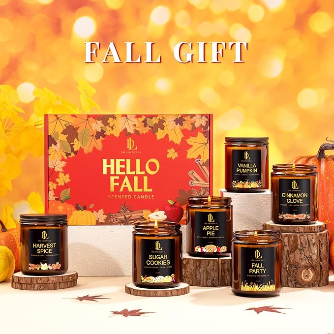 Fall Candles, 6 Pack Soy Candle Set, Scented Candles for Home, Holiday Candle for Women Men, Scents of Sugar Cookies/Vanilla Pumpkin/Cinnamon Clove/Apple Pie/Harvest Spice/Fall Party