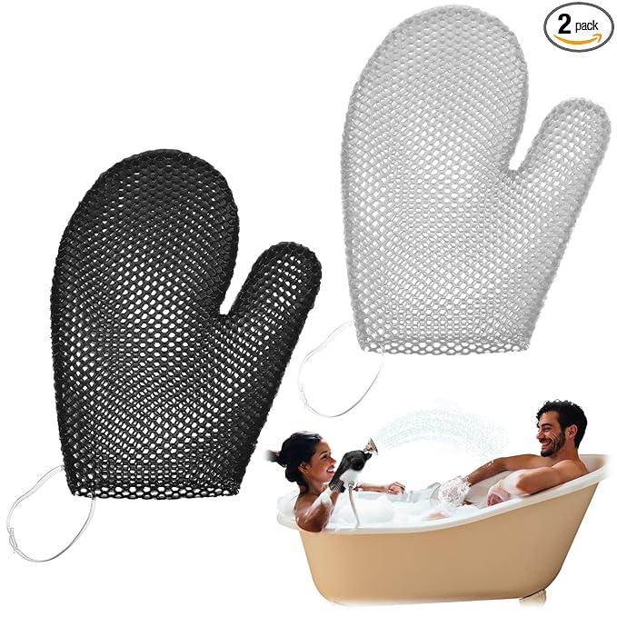 Karenhi 2 Pcs Honeycomb Exfoliating Glove Bath Mitt Body Spa Scrubber, Honeycomb Exfoliator Glove for Body Shower, Scrubber Sponge Shower Loofah, Quick Drying (Black,Grey)