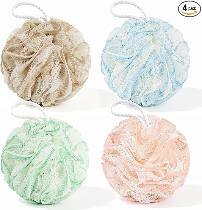 Yolaist Loofah Sponge 4 Pack, Exfoliating Body Scrubber for Shower, Soft Bath Sponges with Hanging Loop, 60G Gentle Loofah for Women Men (Pastel Colors)