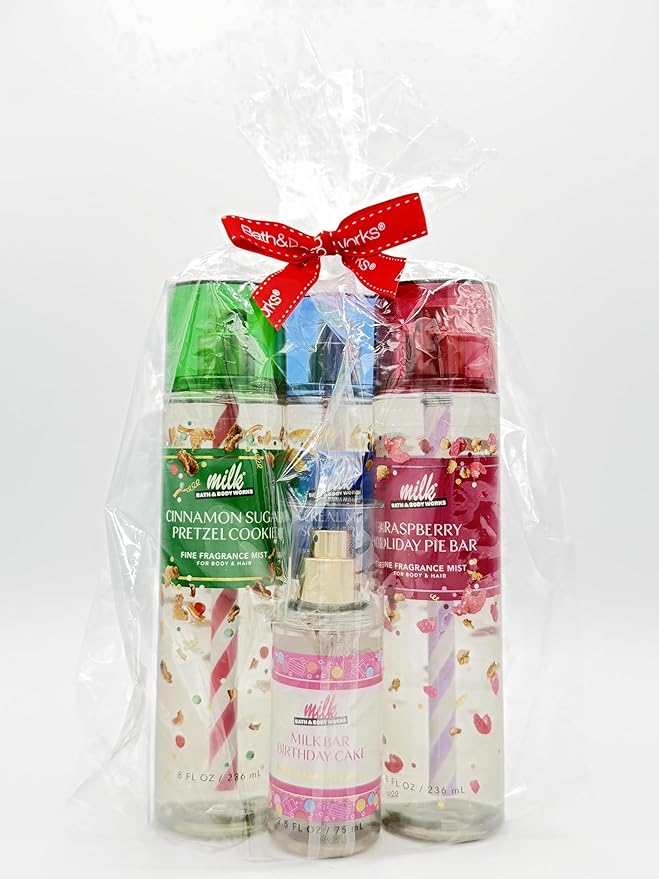 Bath & Body Works Milk Bar Collection 4-Piece Body Spray Gift Set | Includes: 8oz Cinnamon Pretzel Cookie, 8oz Raspberry Holiday Pie Bar, 8oz Cereal Milk Soft Serve and 2.5oz Birthday Cake