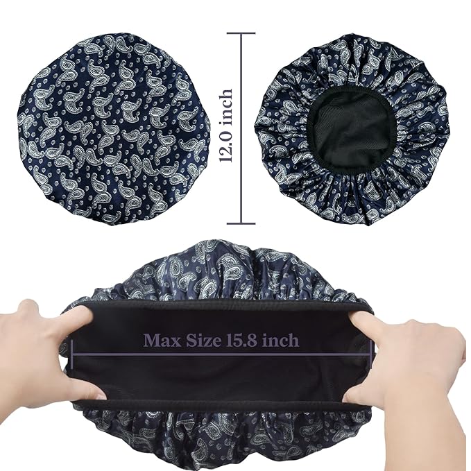Bandana Satin Shower Cap, Three-Layer Terry Cloth Lined, with Silk Hair Ties, Microfiber Waterproof Reusable Large Size Shower Cap for Women Long Thick Hair (Blue Paisley)