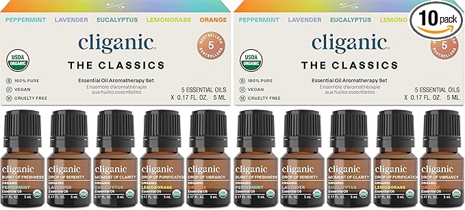 Cliganic Organic Essential Oils Set (Top 5 - The Classics) - 100% Pure Natural - Aromatherapy, Candle Making - Peppermint, Lavender, Eucalyptus, Lemongrass & Orange (Pack of 2)