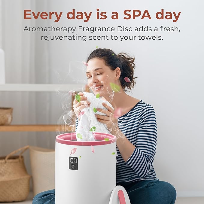 SereneLife Towel and Blanket Warmer - Single Touch Portable Towel Heater for Bathroom, Fragrant Disc Holder, LED Ring, 2 Large Towel Capacity, Built-in Timer (15-60 mins), Auto Shut-Off (Pink)
