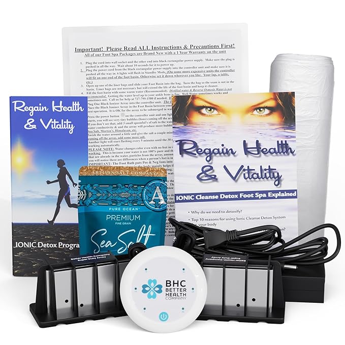 Better Health Company Ionic Foot Bath Detox Machine - Foot Spa Bath for Home Use - Free Regain Health & Vitality Booklet & Brochure - 2 Arrays, 20 Basin Liners, Detox Sea Salt, No Basin