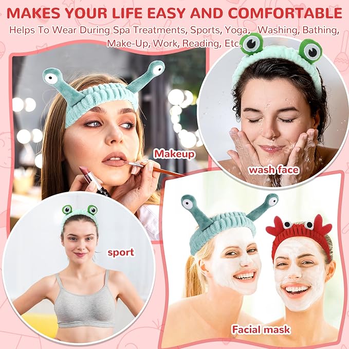WLLHYF 3 Pack Spa Headband Face Wash Hairband Facial Makeup Head Wraps Cartoon Elastic Head Band Cute Frog Snail Crab Shower Headband Creative Hair Accessories for Beauty Skincare Sports