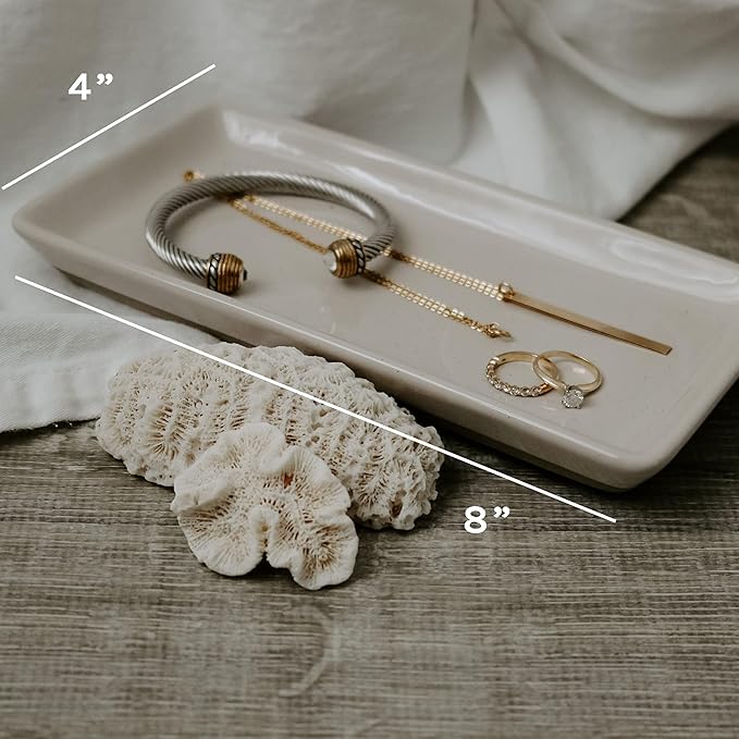 Sweet Water Decor Stoneware Tray for Home - Cream Speckled | Kitchen and Bathroom Dispenser Holder | Jewelry Dish | Glass Soap Holder for Bottles | Long Plate for Counter Tops | Vanity Decor