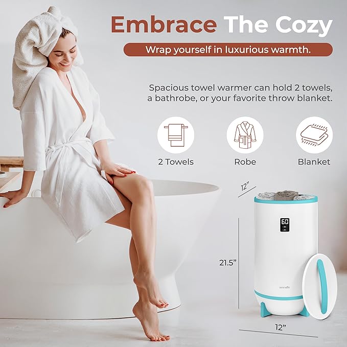 SereneLife Towel & Blanket Warmer, One Touch Portable Bath Towel Warmer with Fragrant Disc Holder, Timer (15, 30, 45, or 60 minutes) and LED Display, Auto Shut Off, Ideal for Bathroom & Spa Use, Blue