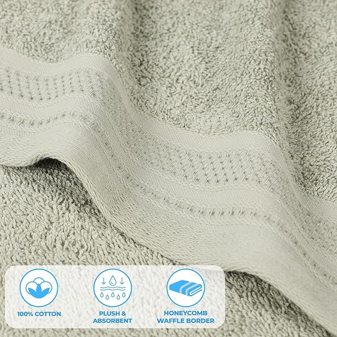 Superior Honeycomb Cotton Medium Weight Towels, for Guest Bath, Master Bathroom, Shower, Quick Dry, Adults, Home Essentials, Textured Waffle Border, Assorted Towel Set, 6 Piece Towel Set, Sage