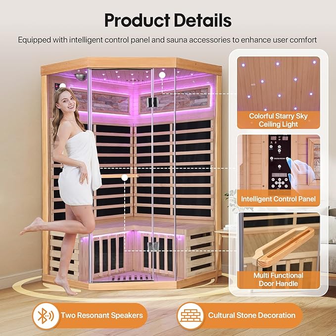 OUTEXER Sauna Corner Saunas for 2-3 Person 120V Home Indoor Canadian Hemlock Far Infrared Saunas 1935W Low-EMF Dry Saunas with 7 Color Starry Sky Ceiling Light Therapy 47.2 * 47.2 * 74.8inch