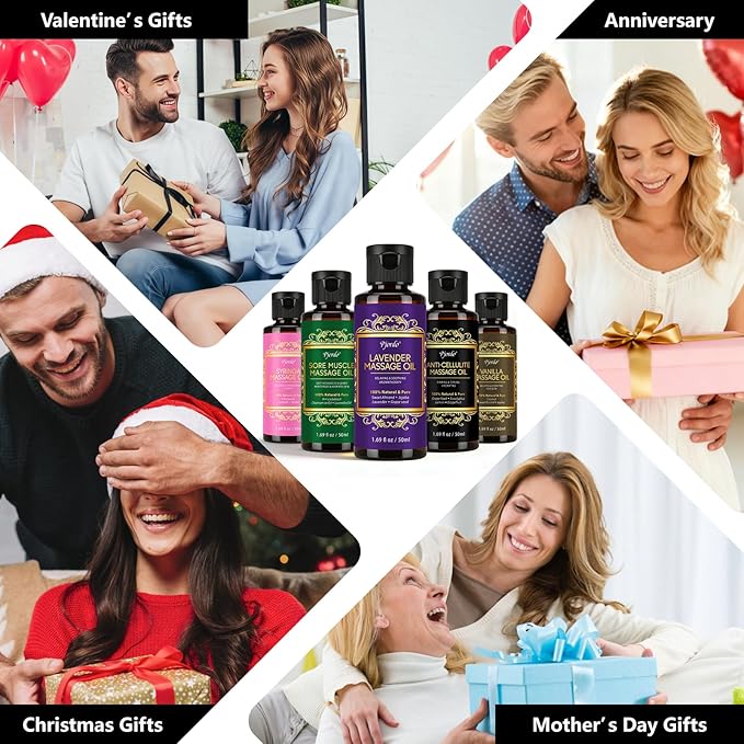 Pjordo 5 Pack Massage Oil for Massage Therapy, Lavender, Vanilla, Sore Muscle, Syringa & Anti Cellulite Massage Oil Kit for Relaxing Muscle & Soothing The Body, Mothers Day Gifts for Women