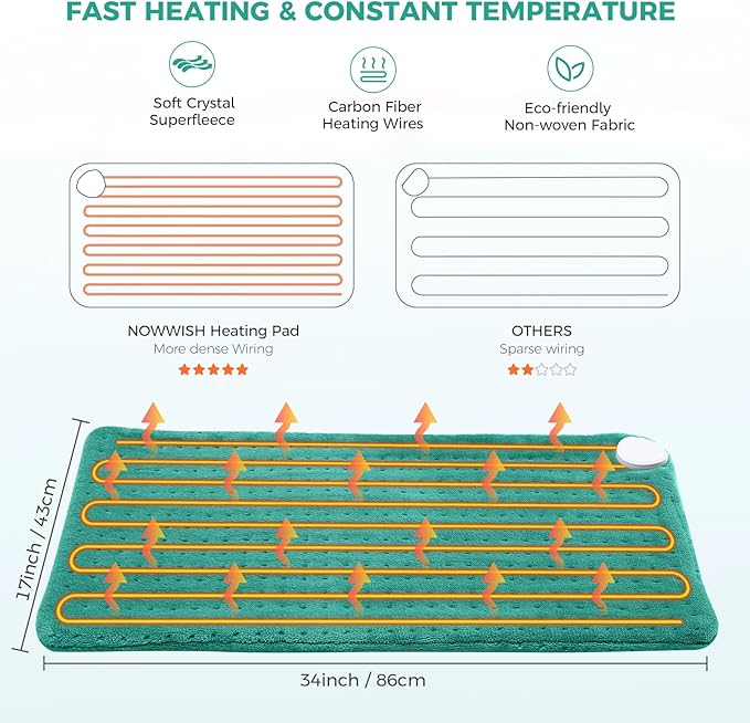 NOWWISH XXXL Heating Pad for Back Pain Relief & Period Cramps, 24x32 Inch Moist Heat Electric Heating Pad with 10 Heat Settings and Auto Shut-Off, Machine Washable, Christmas Gifts for Women, Green