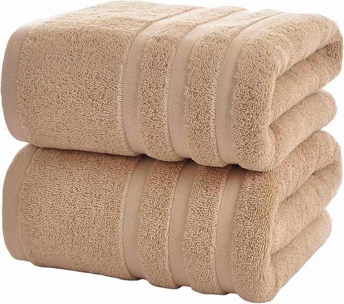 Bath Towels 2 Pack, 30 x 60 Inches, Large 100% Cotton Towels, Soft, Absorbent, Comfortable for Home, Spa, and Gym, (Beige)
