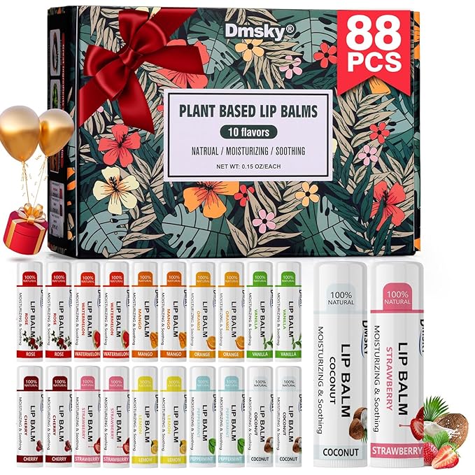 88 Pack Lip Balm Bulk, Fruit Lip Balm Variety Pack, Natural Moisturizing Balms for Dry Cracked Lips, Hydrating for Men Women Kids - 10 Flavors