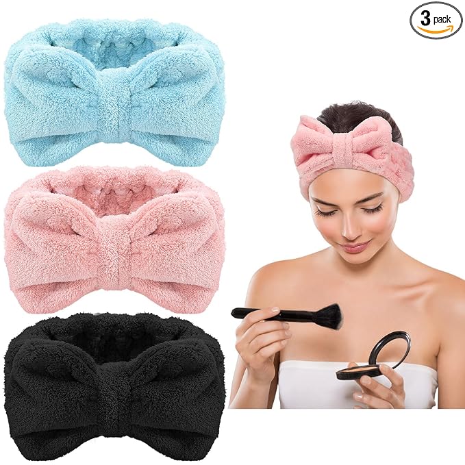 3 Pieces Towel Headbands for Women Makeup Headband for Washing Face Makeup Spa, Microfiber Bowtie Shower Hairband for Women (Pink, Blue, Black)