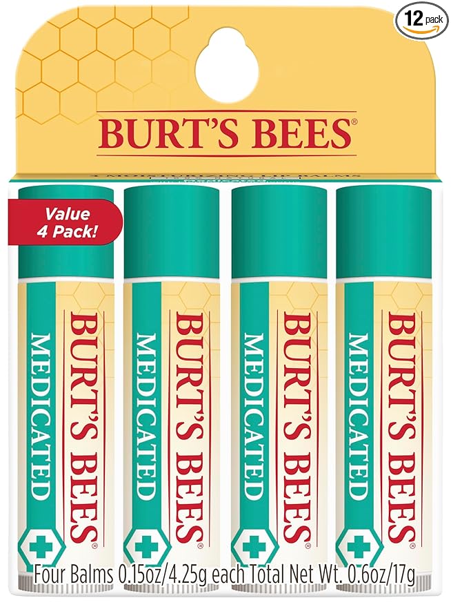Burt's Bees Medicated Lip Balm, With Eucalyptus Oil and Menthol, Tint-Free, Natural Origin Lip Care, 4 Tubes, 0.15 oz. (Pack of 12)