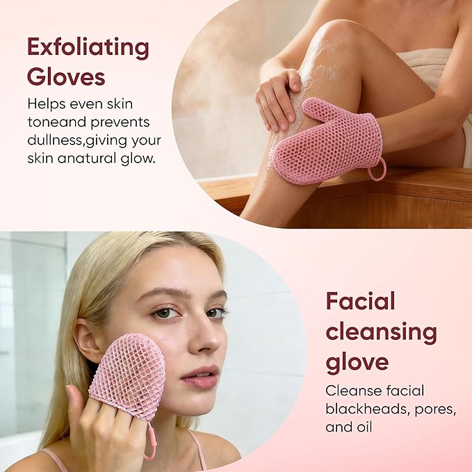 2 Pcs Honeycomb Exfoliating Mitten Set Bath Mitt Honeycomb Face and Body Scrubber Shower Glove for Cleaning Body Shower Face Skin Beauty Spa Quick Drying Pink