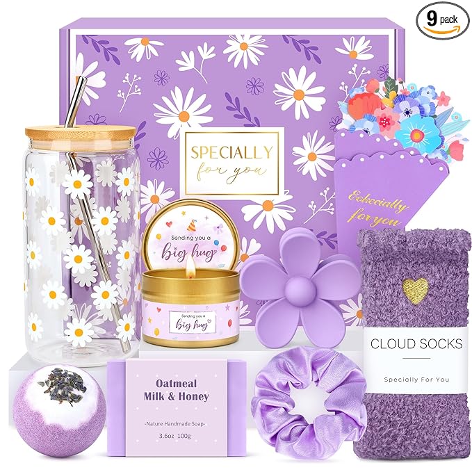 Gift Baskets for Women Unique Birthday Gifts for Women self care cheer up gifts set pick me up gift box for Woman teen girls best friend Sister Ladies Friendship Her - Inspirational Purple Present