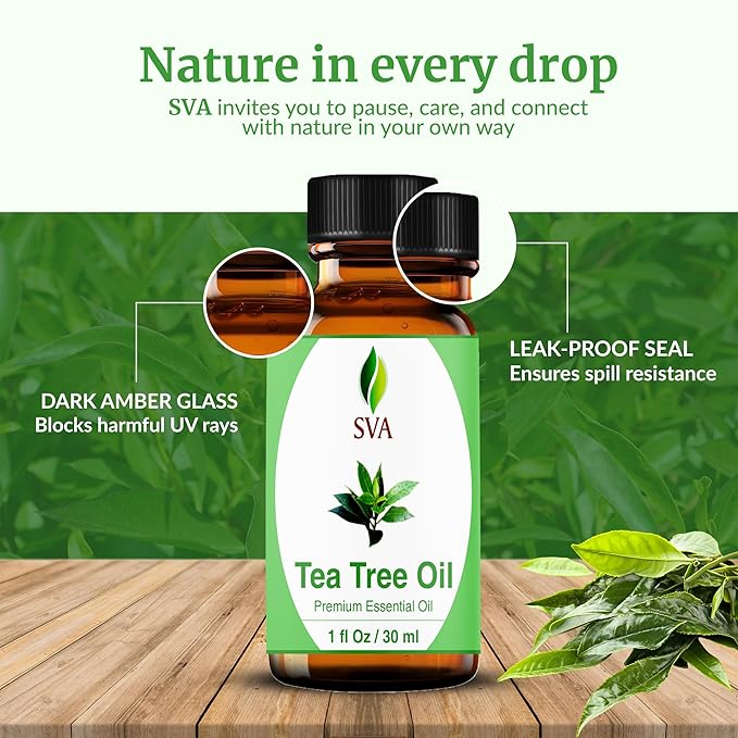 SVA Tea Tree Essential Oil – 1 Fl Oz – 100% Natural Tea Tree Oil - for Diffuser, Hair Care, Face, Skin Care, Aromatherapy, Scalp and Body Massage, Soap and Candle Making – with Dropper