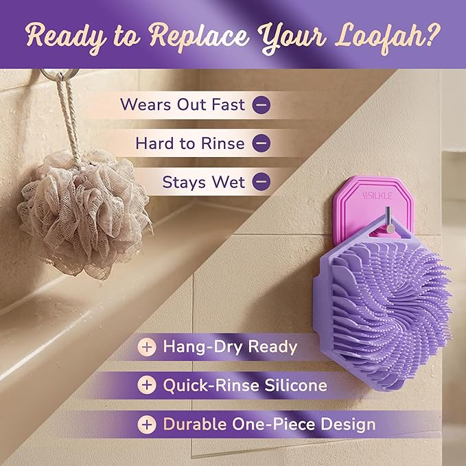 SILKLE Silicone Body Scrubber – Gentle Exfoliating Shower Scrubber for Body & Bath, Silicone Shower Brush & Loofah Alternative – Non-Slip Silicone Body Brush, Quick Dry, Hygienic - Purple