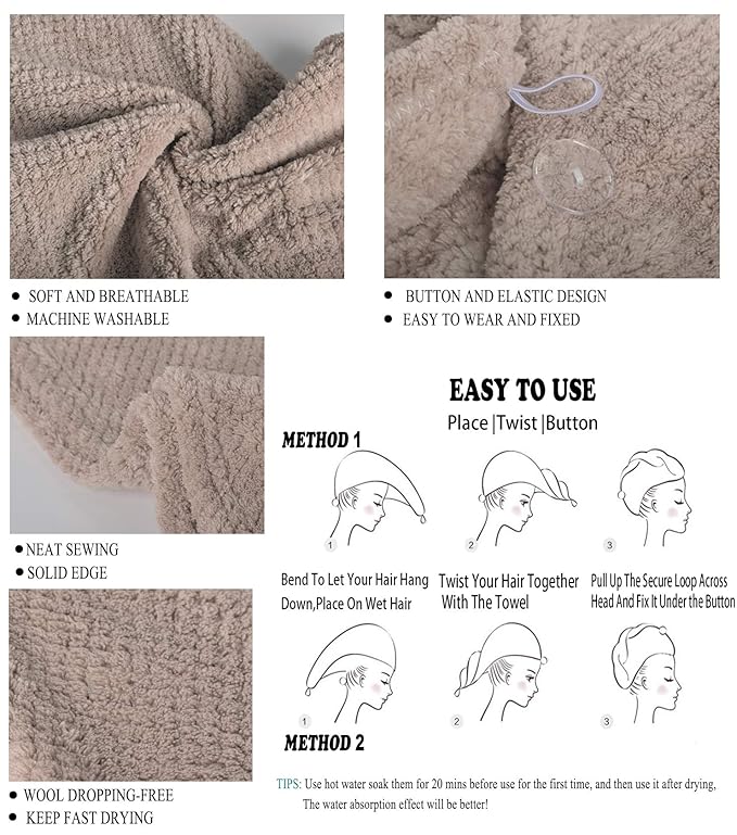 ELLEWIN Hair Towel Wrap 3 Pack, Microfiber Hair Drying Shower Turban with Buttons, Super Absorbent Quick Dry Hair Towels for Curly Long Thick Hair, Rapid Dry Head Towel Wrap for Women Anti Frizz