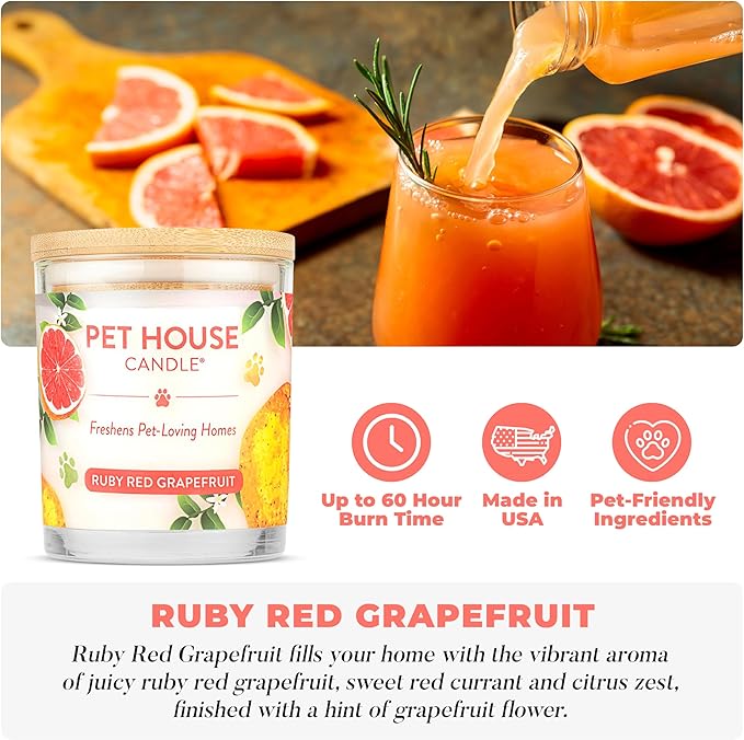 Pet House Candles, Clean Burning, Long Lasting Candles for Pet Odor, Plant-Based, 60 Hour Burn Time - Ruby Red Grapefruit, 9 oz, 2 Pack