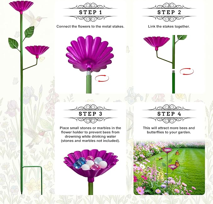 Bee Watering Station for Garden 4 Pack, Metal Double-Flower Bee Bath Garden Stakes, Colorful Bee Cups Pollinator Feeder Outdoor Decor for Bees Butterflies, Yard Garden Decorations