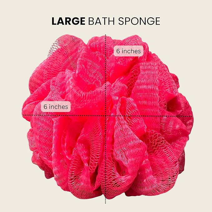 Pink Bath Sponge Pack of 3 – Large Exfoliation Loofahs with Suction Cup for Easy Drying, 70G Mesh Poufs for All Skin Types, Lather for Daily Use