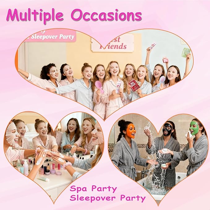 130 PCS Spa Party Supplies for Women, Include Face Masks Skincare, Hand Cream, Lip Balm, Lip Mask, Under Eye Patches,Hair Brush, Foot Bath Bombs,Spa Birthday Sleepover Party Supplies for Girls Women