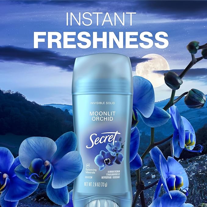 Secret Fresh Antiperspirant Deodorant for Women, 72hr Breathable Sweat & Odor Protection, Instant Freshness & Gentle, PH Balancing Minerals, Invisible Solid, Moonlight Orchid Scent, 2.6 oz