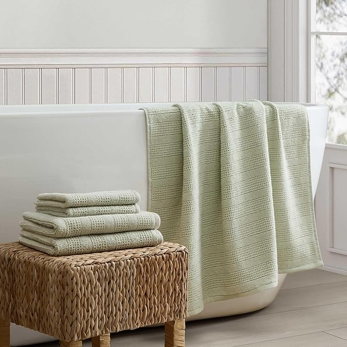 Martha Stewart - Bath Towels, Soft & Absorbent 100% Cotton Towels, Solid 500 GSM, 6-Piece Bathroom Towel Set with Textured Weave (Bedford Cottage Green)