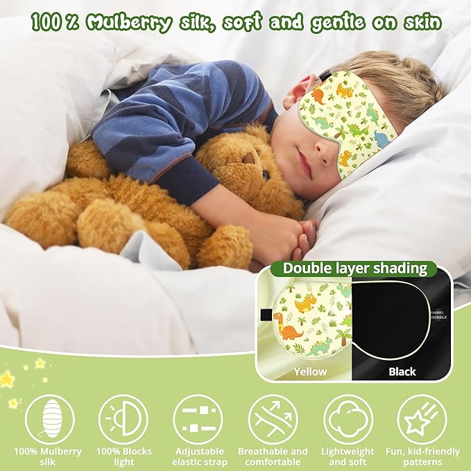 Kids Sleep Mask Eye Cover: 100% Real Natural Pure Silk Eye Mask with Adjustable Strap, Funny Blindfold Kids Eye Mask for Sleeping, Soft & Lightweight Eye Shade for Boys Girls Teens (Dinosaur Style)