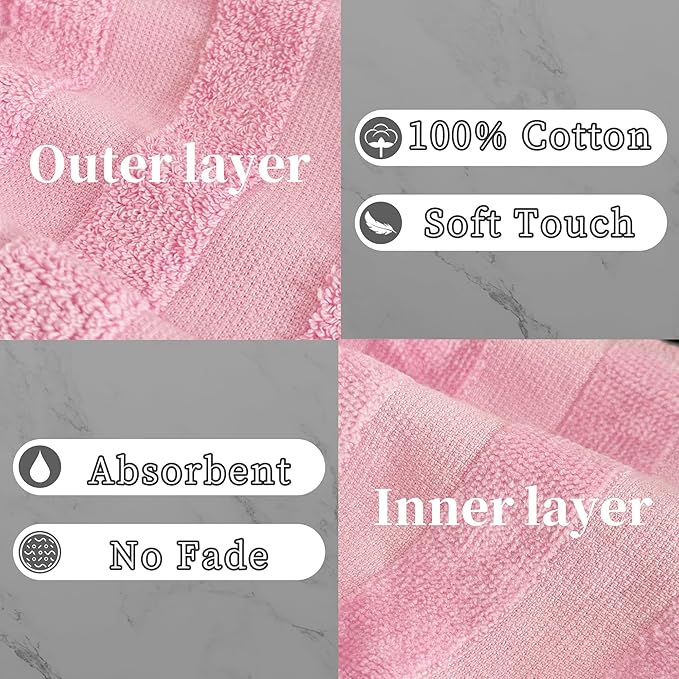 VOOVA & MOVAS 6-Pack Wash Mitts for Body, 100% Cotton Soft Absorbent Wash Cloths with Hanging Loop, 8.3x6.3 Inch European Style Wash Gloves for Shower & Spa, Jacquard Pink Stripe & White