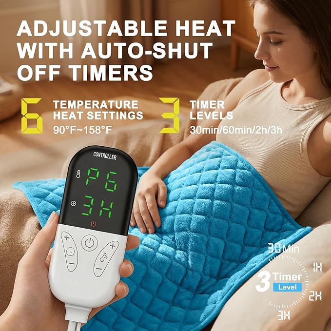 King Size Electric Heating Pad for Back Pain 32"x24" Extra Large Heating Pad for Period Cramps Relief & Body Neck Shoulder Auto Shut Off Heat Pad Temperature Settings Machine Washable Blue