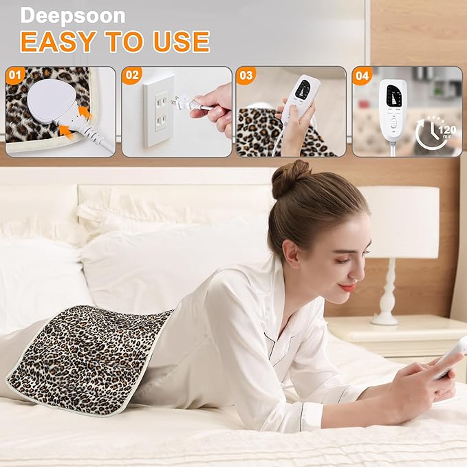 Deepsoon Heating Pad,Electric Heating Pads for Back,Neck,Moist Heating Pad for Abdomen Shoulder Knee Legs,Dry/Moist Heat&Auto Shut Off,Mother's Day Birthday for Men and Women,Leopard Print,24x12 Inch