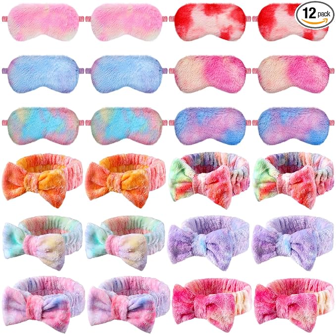 Xuhal 24 Pcs Spa Sleepover Party Favors Supplies Plush Headband and Eye Mask for Women Soft Makeup Washing Face Sleep Hair Bands for Girl Gift Birthday Stuff(Tie Dye)