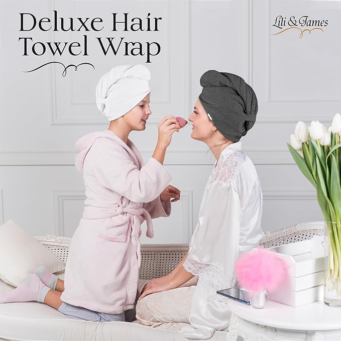 Cotton Towel Wrap for Women/Kids | Quick Dry, Soft & Absorbent 420-GSM Wrap With Double Button | Anti Frizz, Non Microfiber Turbans for Curly, Long & Thick Hair (White+Grey)