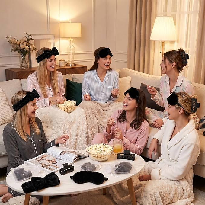 48 Pcs Spa Party Supplies Sleepover Essentials Gift for Mother's Day Spa Headband Plush Eye Mask Claw Clips Organza Bag for Women Adult Slumber Party Supplies (Black)