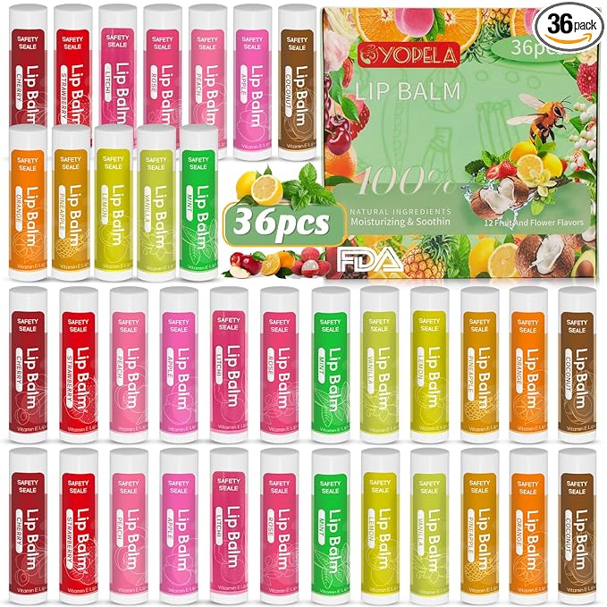Yopela 36 Pack Natural Lip Balm Bulk with Vitamin E and Coconut Oil - Moisturizing, Soothing, and Repairing Dry and Chapped Lips Valentine's Gift- 12 Flavors - Non-GMO