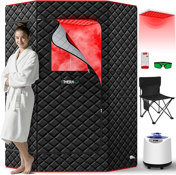 I-THERA-U XL Infrared Sauna Box with True 660 & 850nm Red Light Therapy Lamp, Portable Red Light Sauna for Home, Full Body Steam Tent with 3L 1200w Steamer, 15 Levels Heat, Chair, Remote