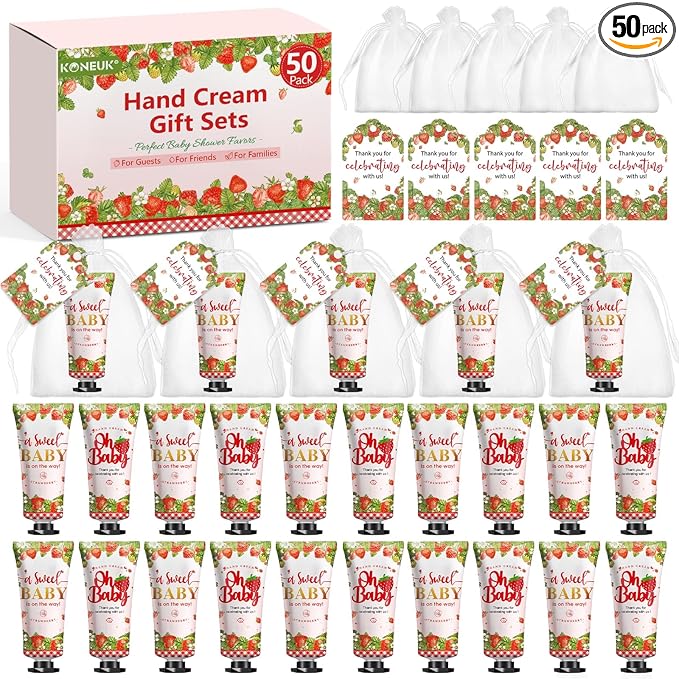 KONEUK 50 Pack Bulk Hand Cream Gifts Sets, Baby Shower Favors and Bridal Shower Favors for Guests with Thank You Card and Organza Gift Bags, Appreciation Gifts, Wedding Party Favors (Strawberry)