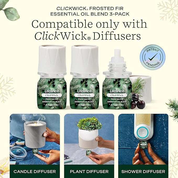 Lifelines ClickWick Essential Oil Blends for Lifelines Diffusers, 3-Pack Frosted Fir Set – Essential Oil Blend Refill for Candle, Plant & Shower Aromatherapy Diffuser – Fragrance for Diffusers