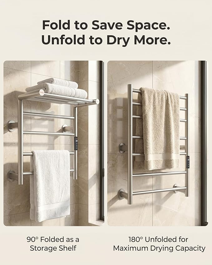 Foldable Heated Towel Rack, Smart Dual-Zone App & Voice Control Electric Towel Warmer Rack, GFCI Plug-in/Hardwired, Wall-Mounted, Drill-Free Install, Brushed, CA3-700X550-Pro-S