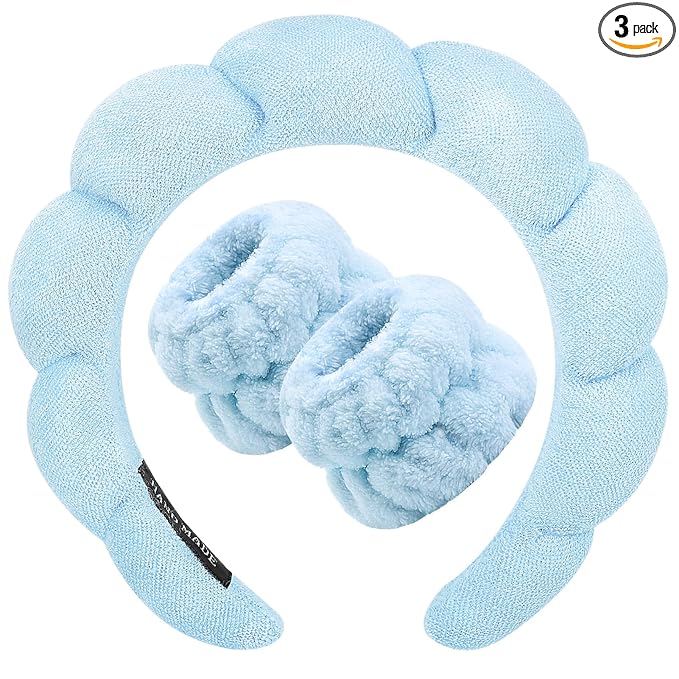 Zkptops Spa Headband for Washing Face Wristband Set Sponge Makeup Skincare Headband Terry Cloth Bubble Soft Get Ready Hairband for Women Girl Puffy Padded Headwear Non Slip Thick Hair Accessory(Blue)