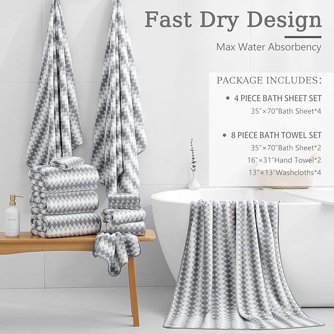 8 Piece Bathroom Towel Set Gray |2 Oversized Large Bath Towels Sheet,2 Hand Towels and 4 Washcloths| 600GSM Ultra Soft Luxury Premium Towel Set Highly Absorbent Quick Dry Hotel Towel Collection